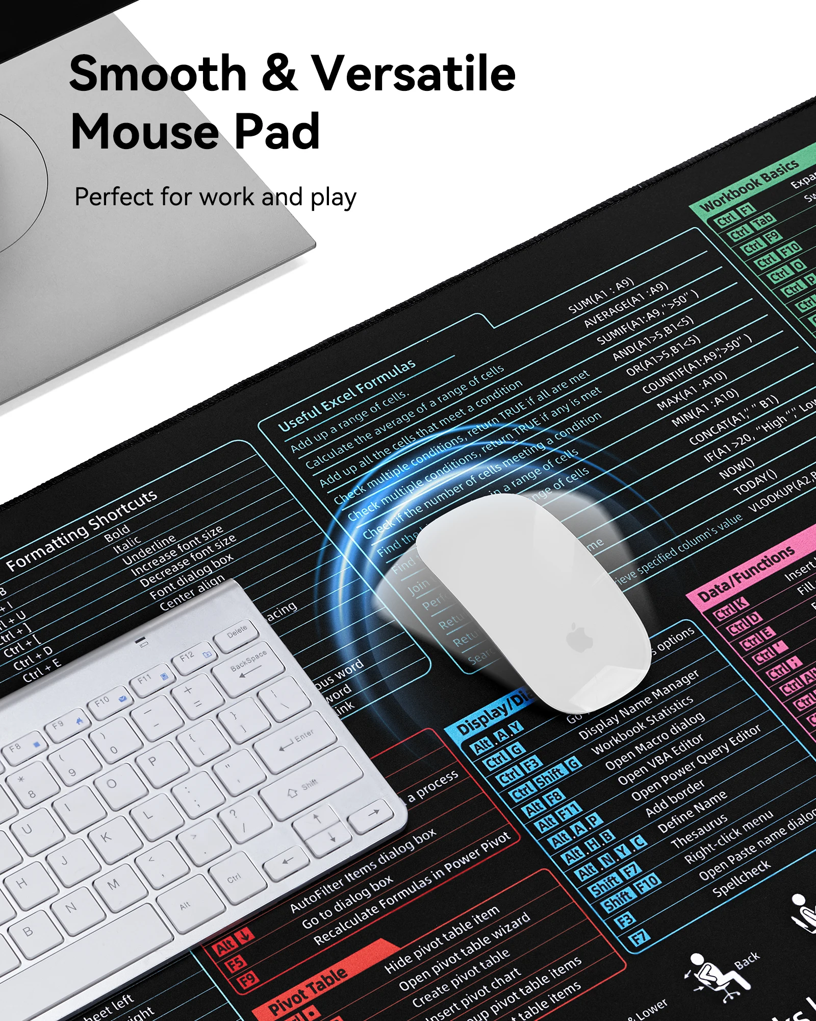 لوحة مكتب Excel Cheat Sheet - لوحة ماوس XL للألعاب |   حصيرة مكتبية للوحة المفاتيح والماوس |   حصيرة الكمبيوتر مع اختصارات اكسيل