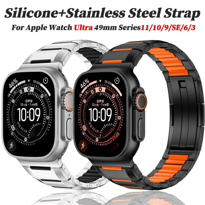 Silikon+Edelstahl-Armband für Apple Watch Ultra 3 2 49mm 46mm 45mm 44mm 38mm 40mm 41mm Band für Iwatch Series11/10/98765432