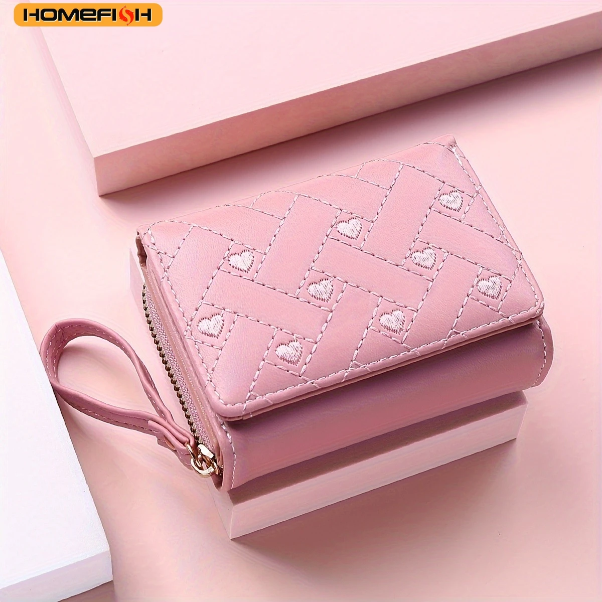 HOMEFISH Fashion Minimalist Women Zero Wallet, Embroidery Love Pattern Zipper Buckle Card Case, Large Capacity Versatile Small