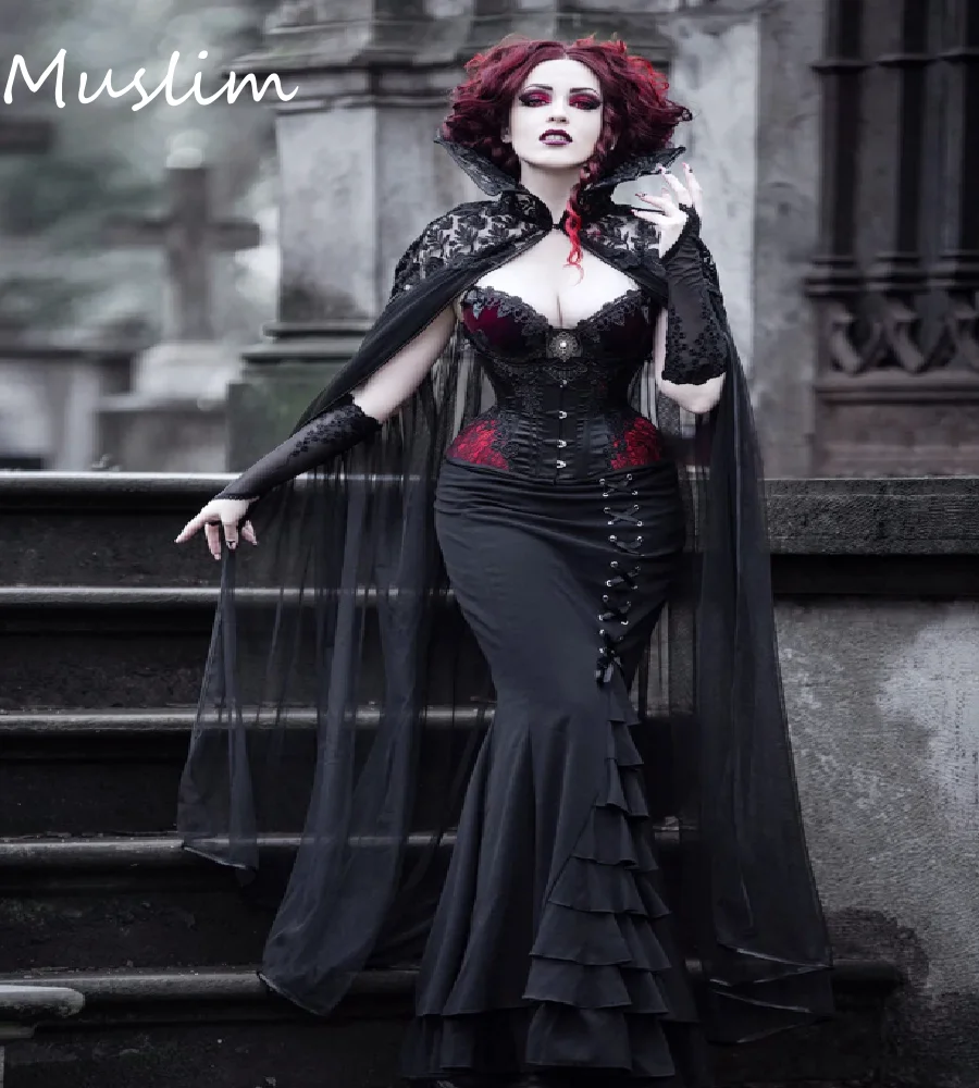 Vestido de Noche Gótico de Vampiresa con Capa, Encaje Vintage, para Halloween, Cosplay, Estilo Victoriano, Elegante y Formal