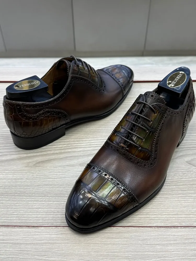 New Designer Business Men Work Shoes Real Crocodile Leather Spliced Cowhide Dress Shoes Low Cut Lace Up Wedding Formal Shoes