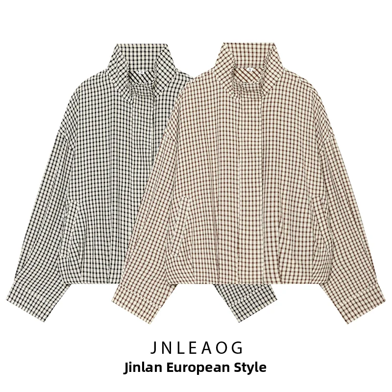 JNLEAOG Autumn New Women's Long Sleeve Stand Collar Plaid Pilot Jacket Outerwear Polyester Standard Fit Short Coat