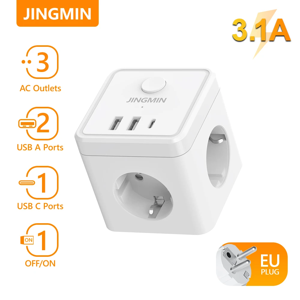 JINGMIN Wall Socket Extender with 3 AC Outlets 3/2 USB Ports 1 Type C 6-in-1 EU Plug Charger On/Off Switch for Home Wall Plug