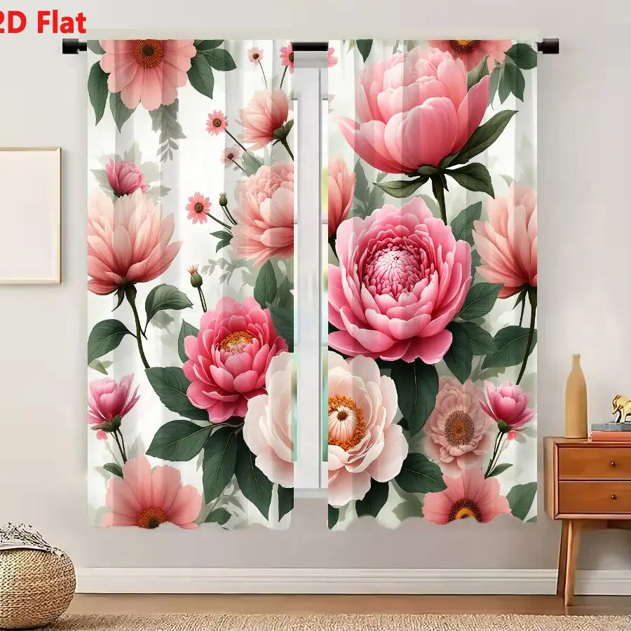 2Pcs Curtains 2D Flat Floral Arrangement Pastel Pink White Peonies Daisy-like Flowers Decorative Botanical Style Window Drapes f