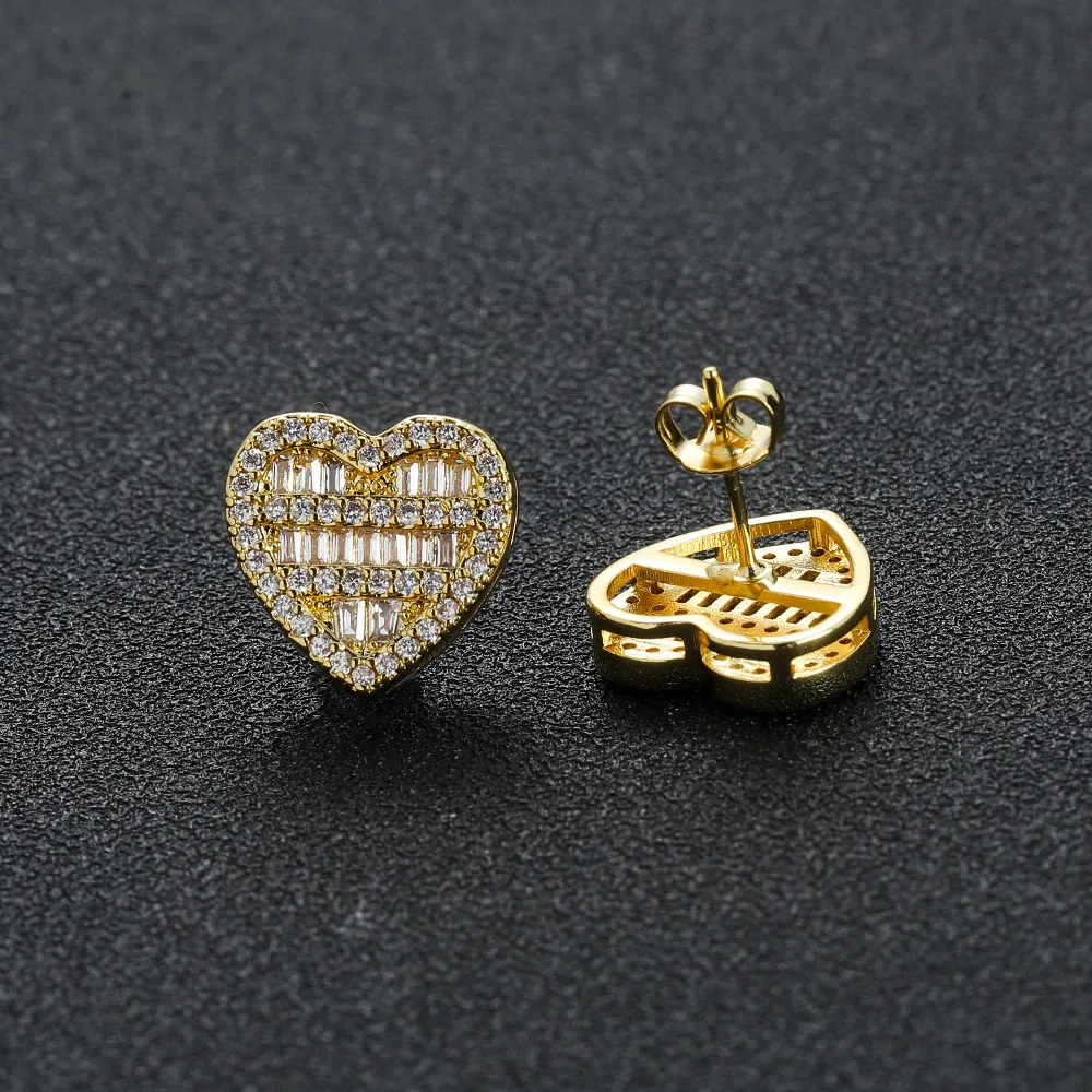 New Love Hip Hop Five Layer Full Round Square Zircon Mixed with Peach Heart Earrings