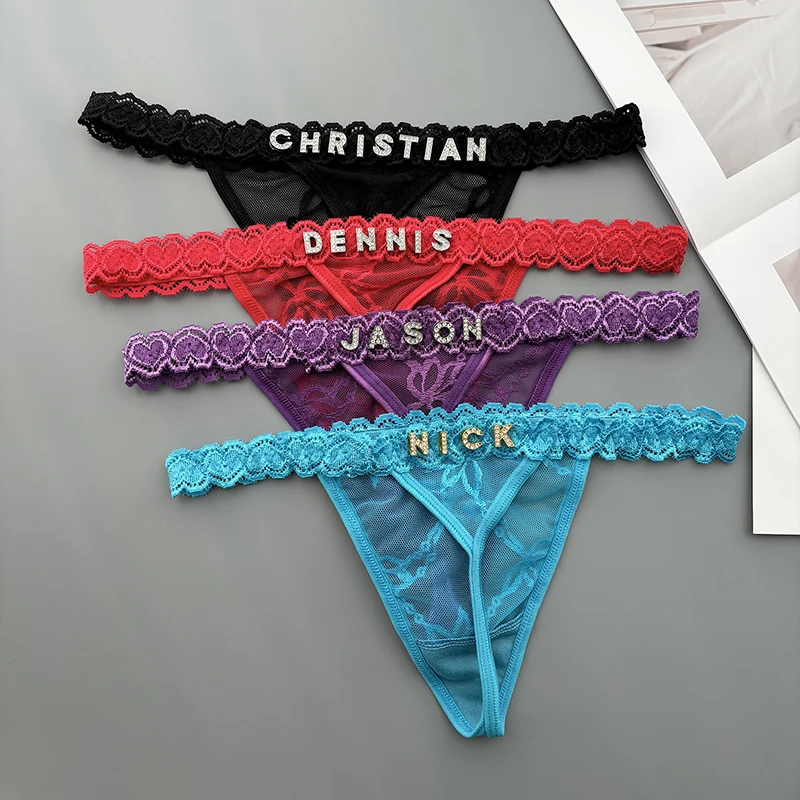 Personality Custom Thong Name Crystal Letter Sexy Lace Bikini Panties G-String Low Waist Briefs Ladies Knickers Lovers Wife Gift view 5