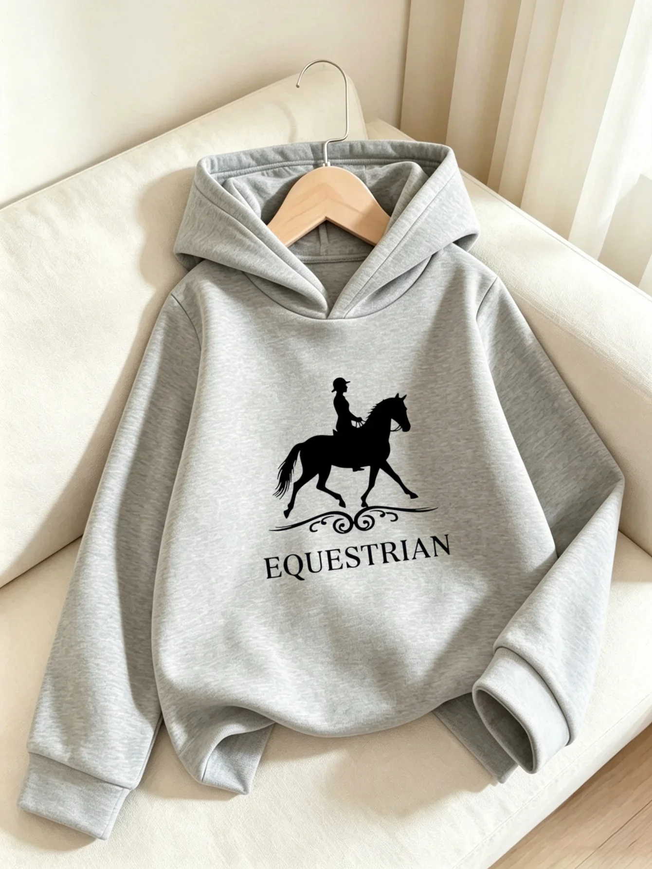 Kids Equestrian Horse Riding Graphic Printed Hoodie Black Horse Lover Sweatshirt Loose Autumn Winter Active Streetwear Top