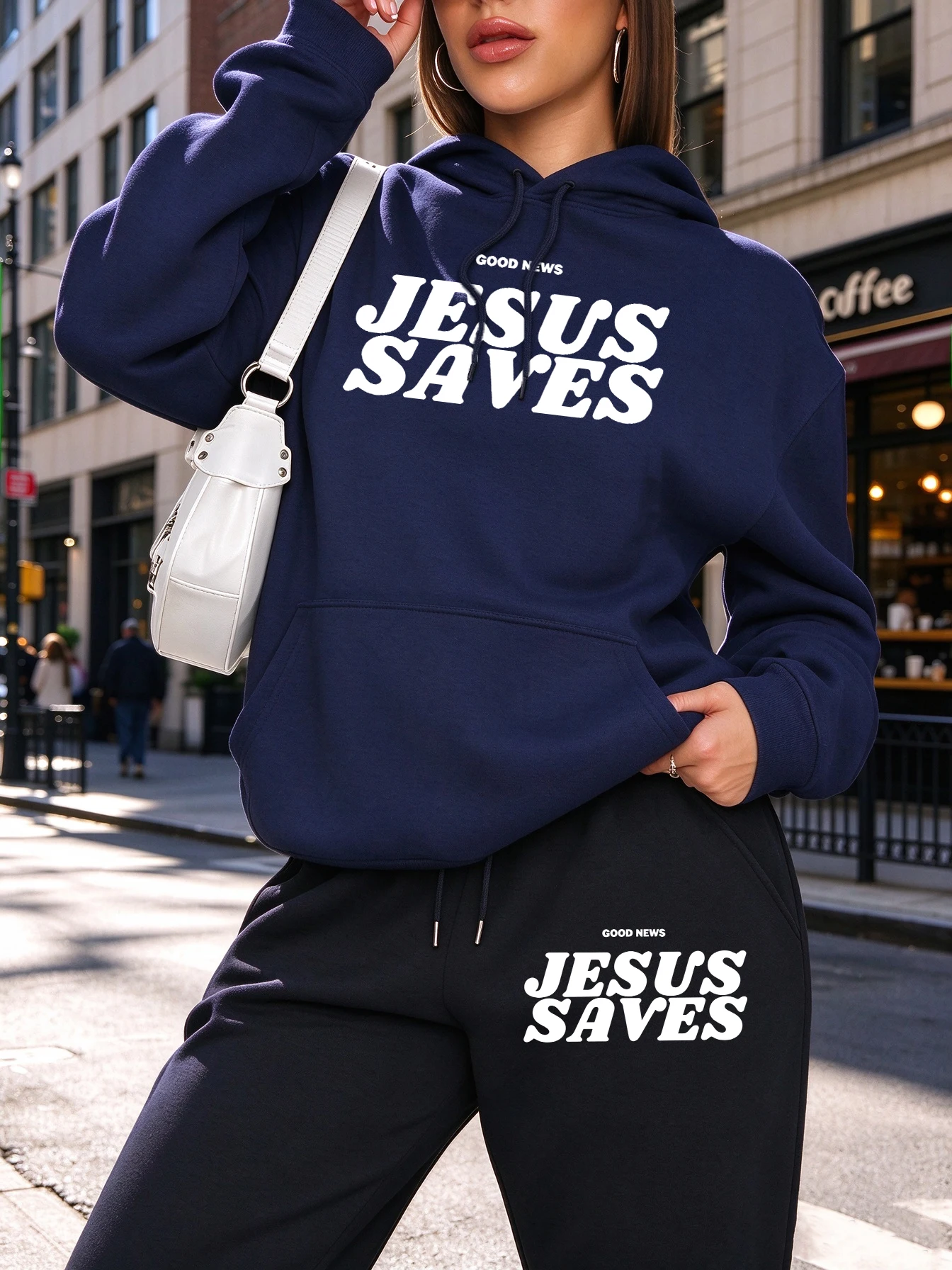 Jesus Saves Good News Prints Women Fleece Pocket Hoodie Suit Sport Soft Sportpants Loose Casual Clothes Street Jogging Tops