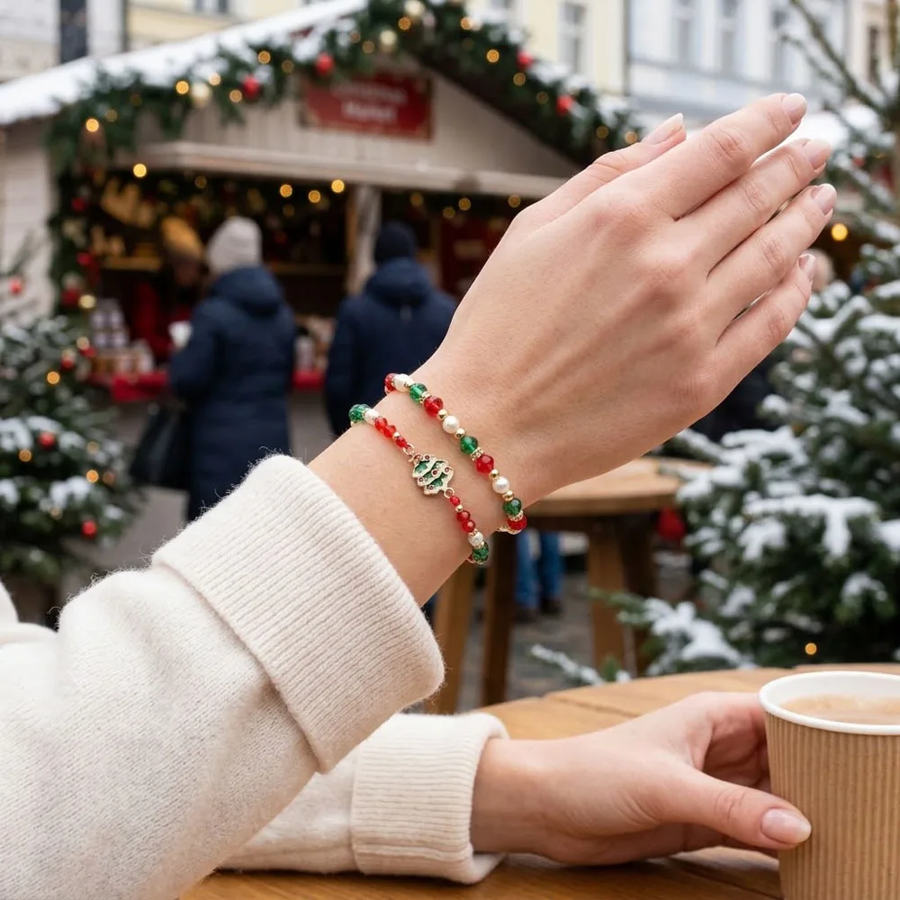 2 Pcs/set Adjustable Xmas Tree Charm Beaded Bracelets Women Red Green Stackable Bracelet Female Christmas Day Jewelry