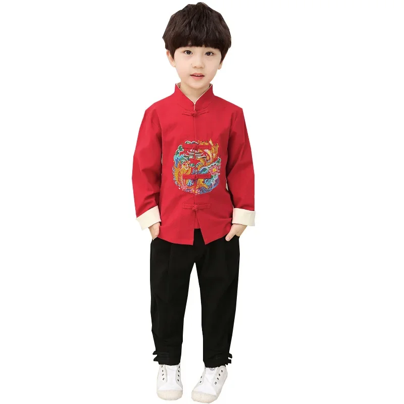 الأولاد أزياء مسرحية التطريز الأسماك Hanfu مجموعة السنة الجديدة النمط الصيني تانغ الملابس مجموعة 2 قطعة طويلة الأكمام الزي قميص وسراويل