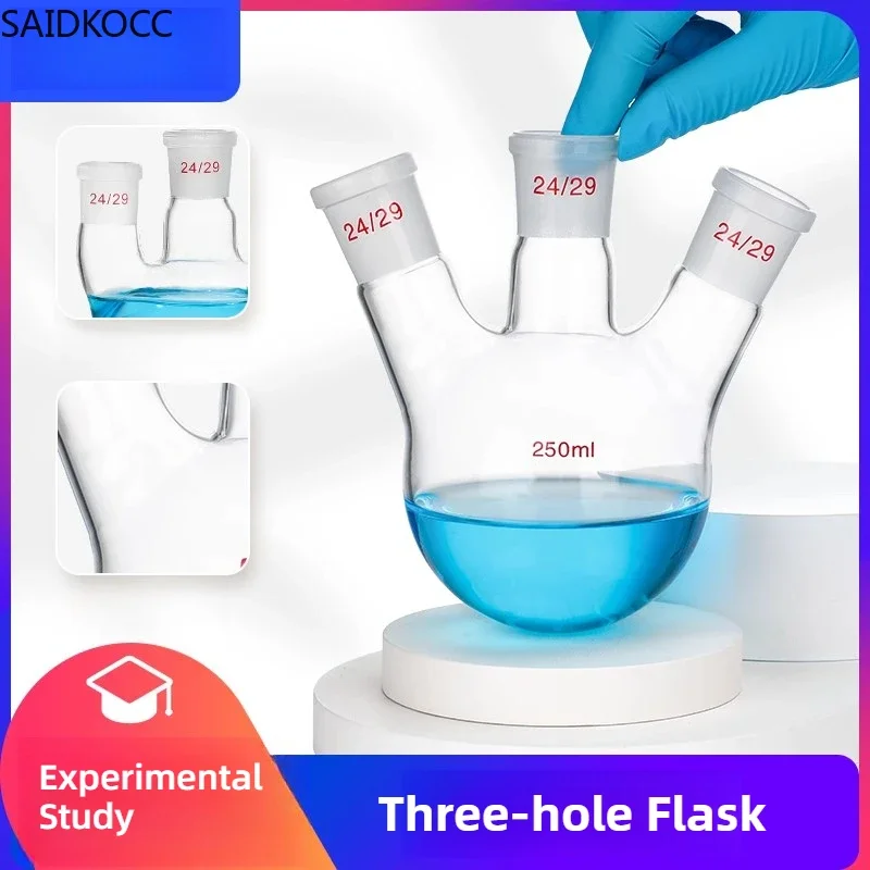 

Колба с тремя отверстиями, устойчивая к высоким температурам, наклонная бутылка с тремя отверстиями для перегонки, 50/100/250/2000 мл, лабораторная стеклянная бутылка на заказ