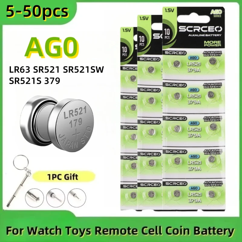 

5-50pcs AG0 SR521SW Button Cell Battery LR63 SR521 SR521S 379 Alkaline Batteries Suitable for toys