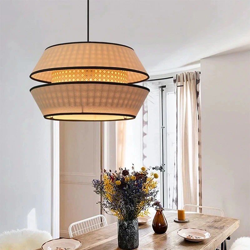 Imagem -03 - Estilo Japonês Rattan Led Pendant Light Lâmpadas para Sala e Quarto Candelabro de Tecido Artesanal Iluminação para Sala de Jantar Decoração