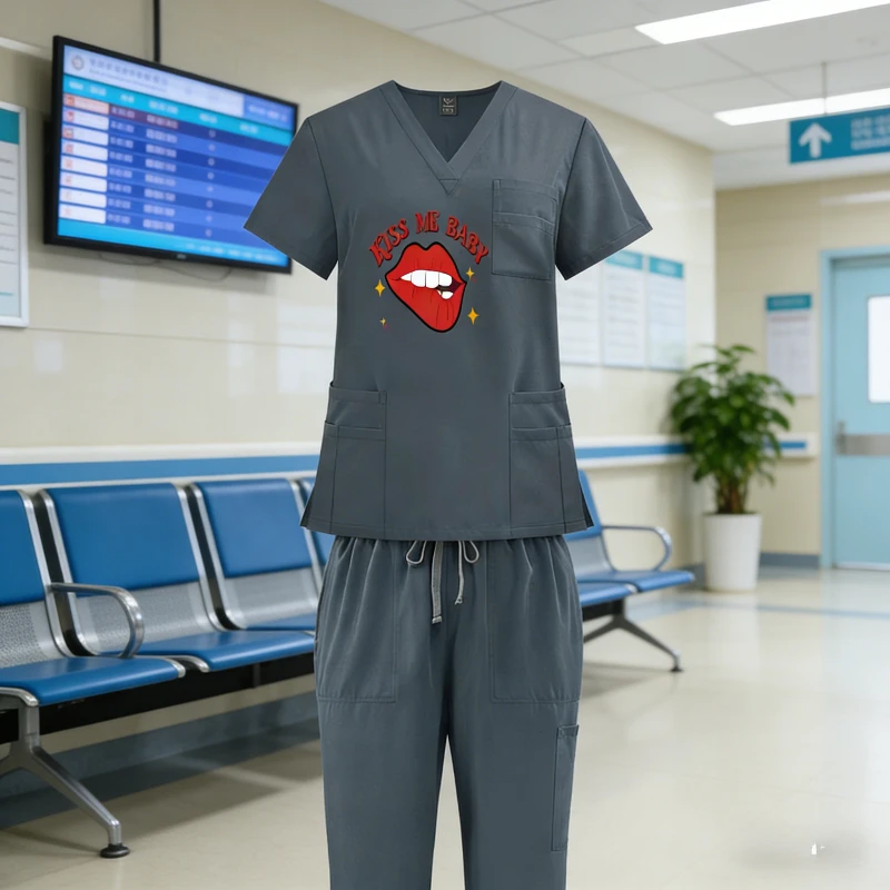 맞춤 인쇄 V넥 반팔 간호사 작업복 유니섹스 세트 구김 방지 내구성 의료용 작업복