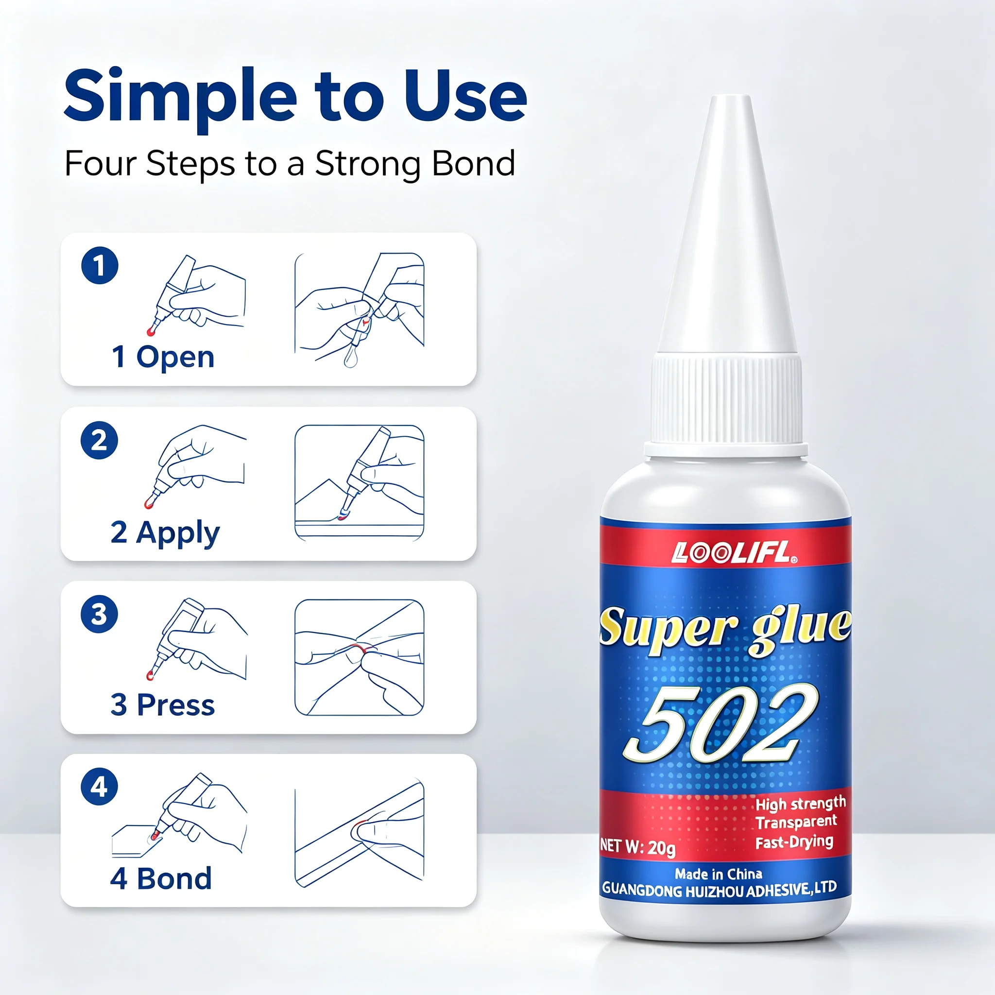 Loolifl502 Strong Adhesive 20g, Fast-Drying Cyanoacrylate Adhesive, High-Strength Transparent Liquid Glue, Multi-Purpose Repair Glue Suitable for Metal, Plastic, Ceramic, Rubber, Wood, Leather, Glass, for DIY Crafts, Shoe and Jewelry Fixing, Available in Packs of 1/2/3/5/7 Pieces