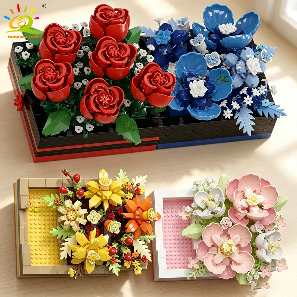 HUIQIBAO Eternal Flower Building Blocks Box with Drawer DIY Rose Peony Sunflower Blue Floral Bouquet model bricks Toys Ornament