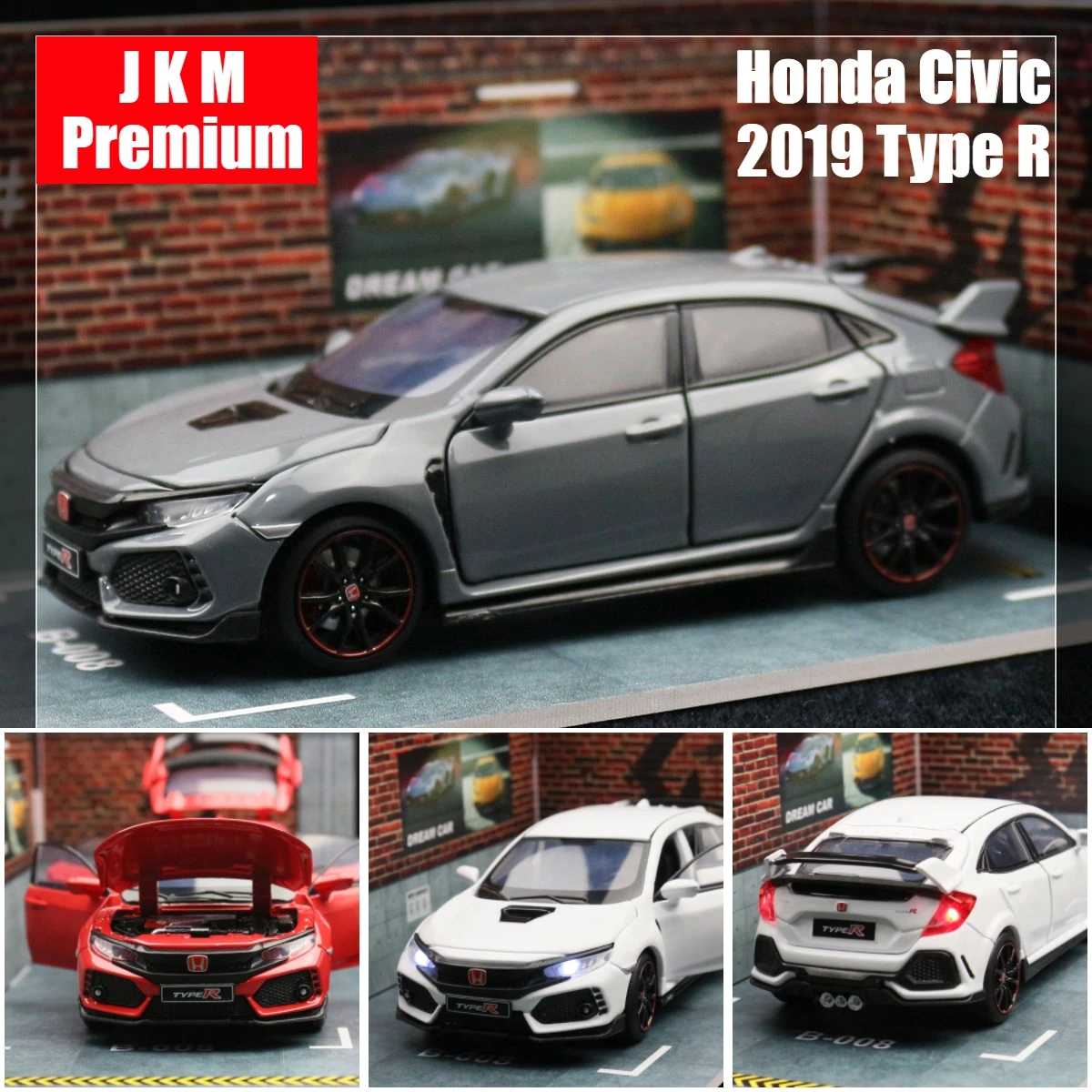 1/32 Honda Civic Type R Toy Car For Children Diecast Miniature Model Pull Back Doors Openable Sound Light Collection Gift Boys