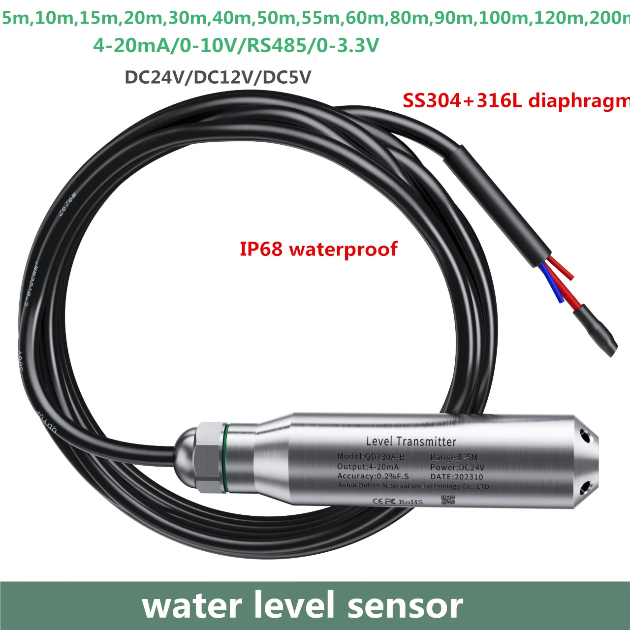 

Hydrostatic Level Transmitter 4-20mA 0-10v Output Submersible level sensor 5m 20m 50m Water Tank Liquids Transducer ss304