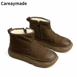 Careaymade-Genuine Leather thick soled wider toe women's shoes,Round Head Side Zipper Women Short Boots Wool Warm Cowhide Boots