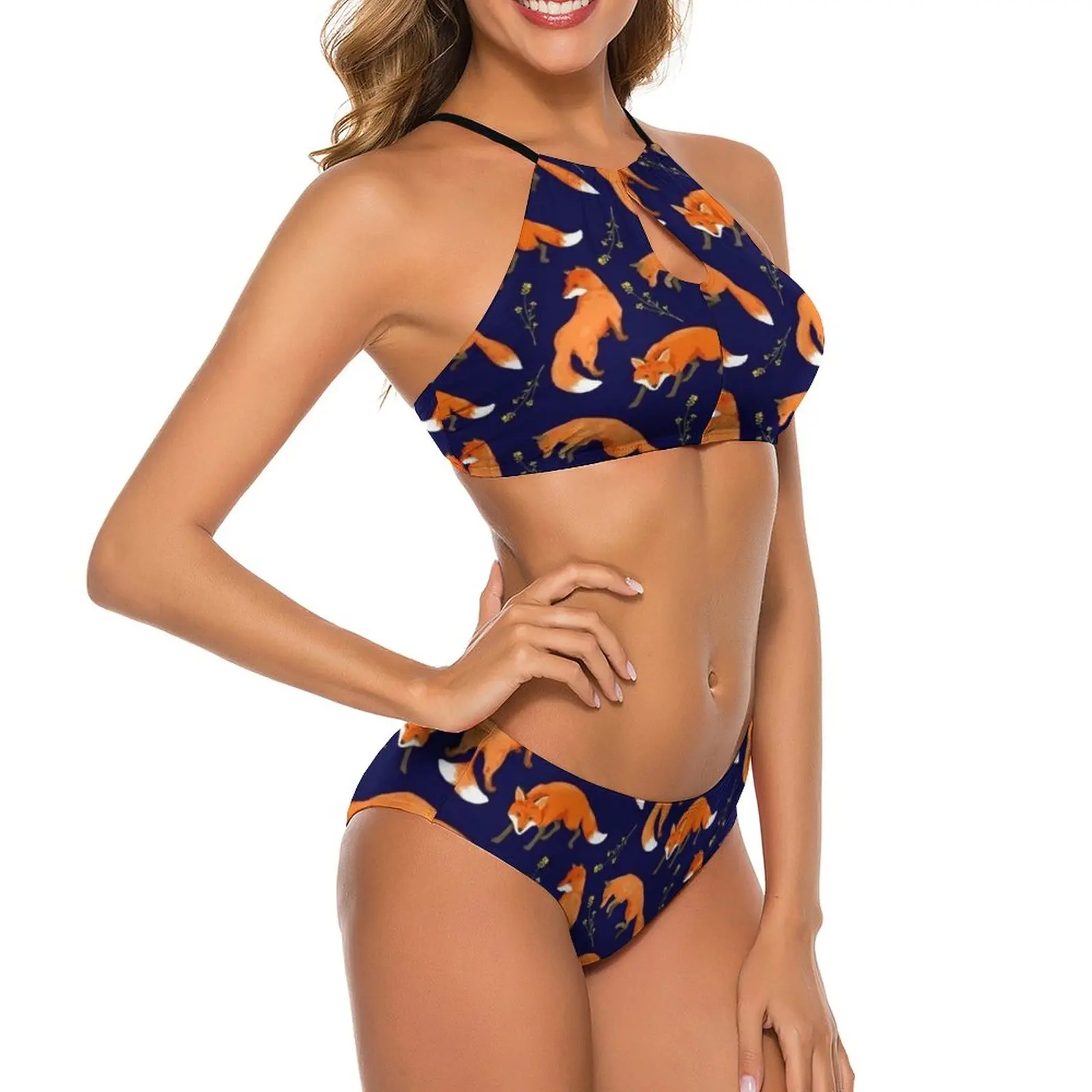 Conjunto de Bikini con diseño de zorro rojo, bañador Sexy con estampado Floral, traje de baño de corte alto con realce, ropa de baño femenina para surfear