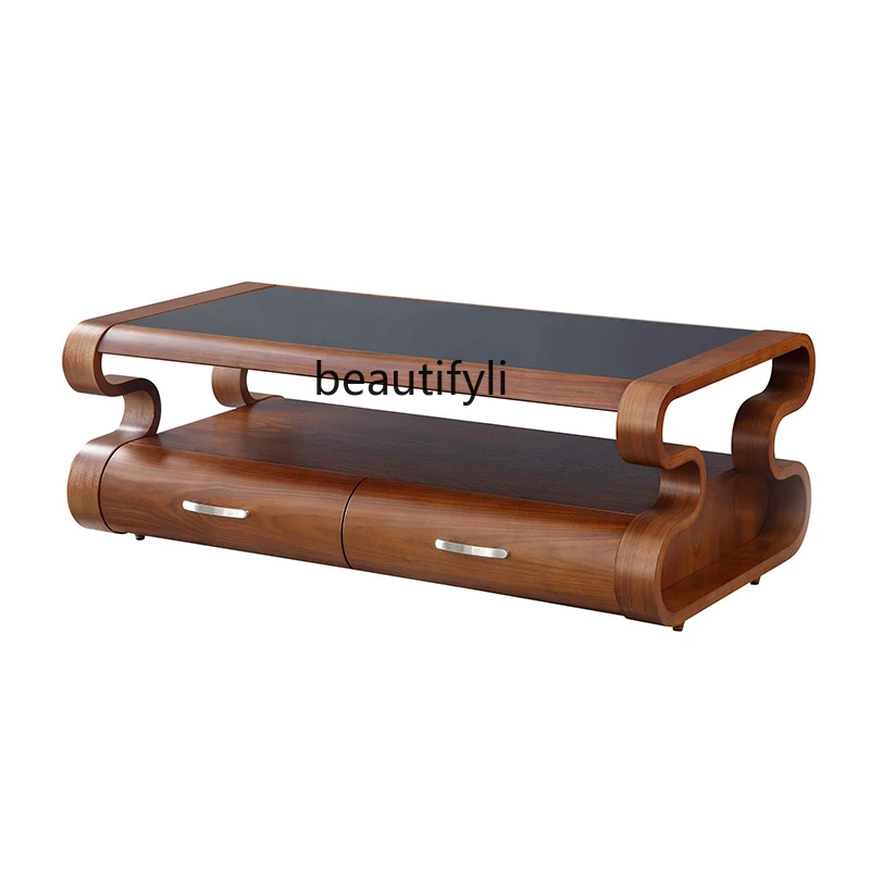 

Nordic solid wood coffee table TV cabinet combination simple modern living room tempered glass tea table