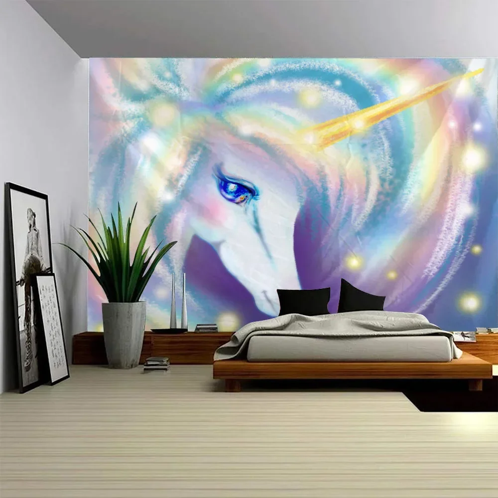 Cartoon Unicorn Dreamy Scene Fabric Mural Tapestry - Bedroom Wall Decoration Sofa Cover Beach Mat Picnic Bed Sheet