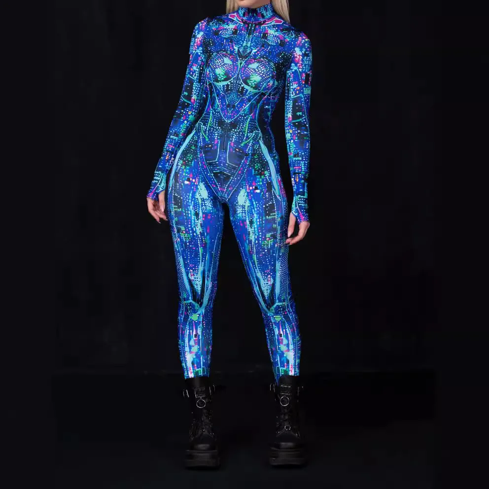 

Cosplay Costume Warrior Bodysuit Women Mechanical Armor Print Jumpsuit Halloween Party Long Sleeve Performance Zentai Suit