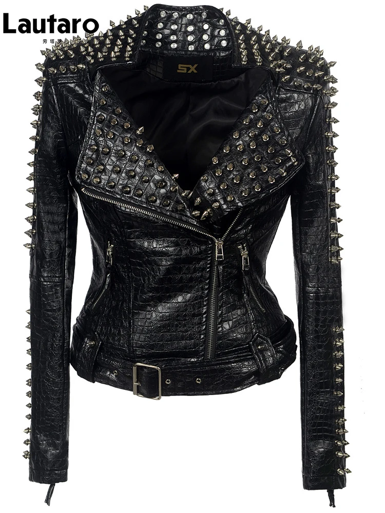 Lautaro Spring Autumn Steampunk Rock Short Black Pu Leather Jacket Women Rive Luxury Designer Emo Clothes Women European Fashion