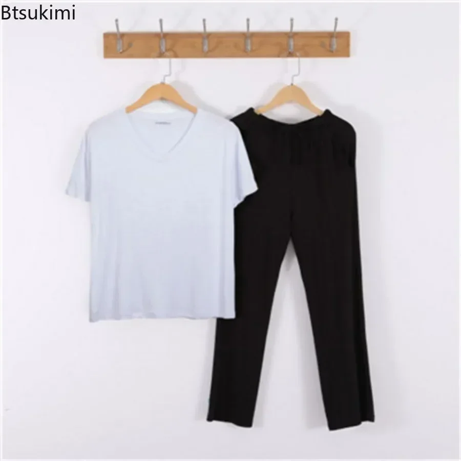 New 2024 Men\'s Casual Pajamas Sets Oversized Modal Short Sleeve and Pants Sets Male Sleepwear Soft Loose Home Clothes for Men