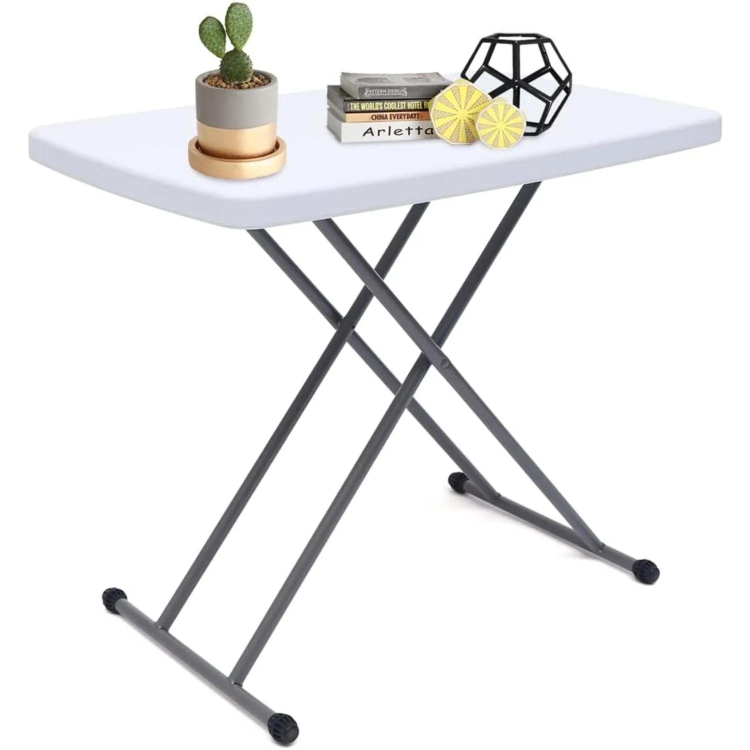 Plastic Adjustable Height Folding Table - No Assembly, White - for Picnic/Party/Travel/Home