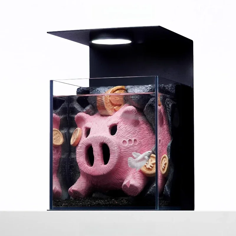 Lai Cai, piggy bank pig, landscaping, tabletop decoration, micro-landscape betta, ultra-white glass fish tank
