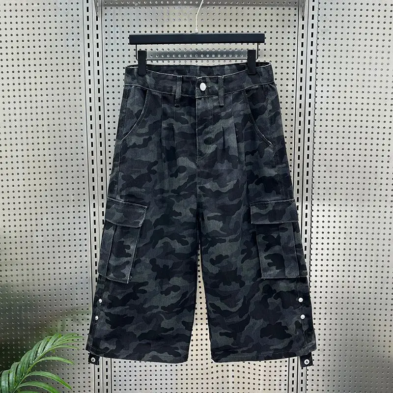 

American Retro Camouflage Work Pants Wide Leg Seven Inches for Men And Women Large Size Deconstructed Jeans Casual Trousers