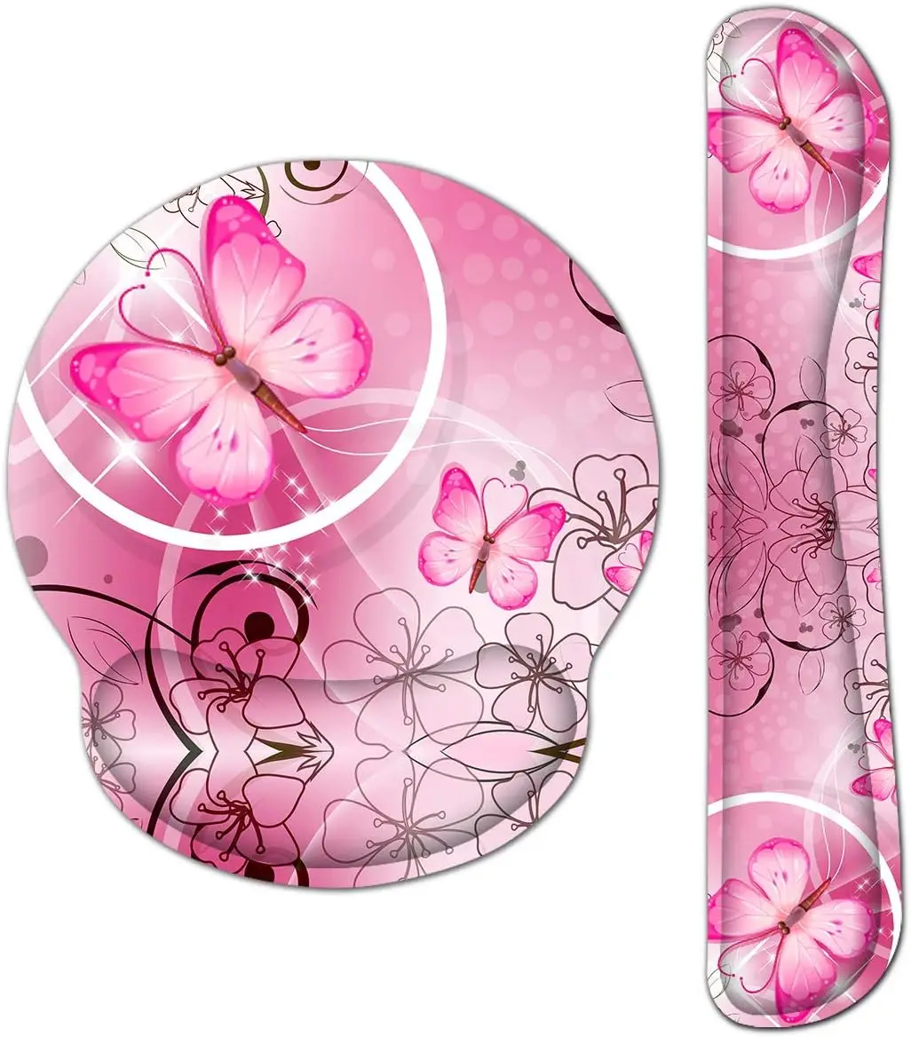 Ergonomic Keyboard Wrist Rest & Mouse Pad Set, Memory Foam, Non-Slip Base, Comfort for Gaming & Office, Pink Butterfly