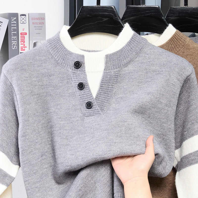 Amerikanischer Retro V-Ausschnitt Strickpullover für Herren, Neuheit 2026, Fake-Zweiteiler Gestreifter Kontrast-Pullover, Hochwertiges Casual-Oberteil – Detail 6