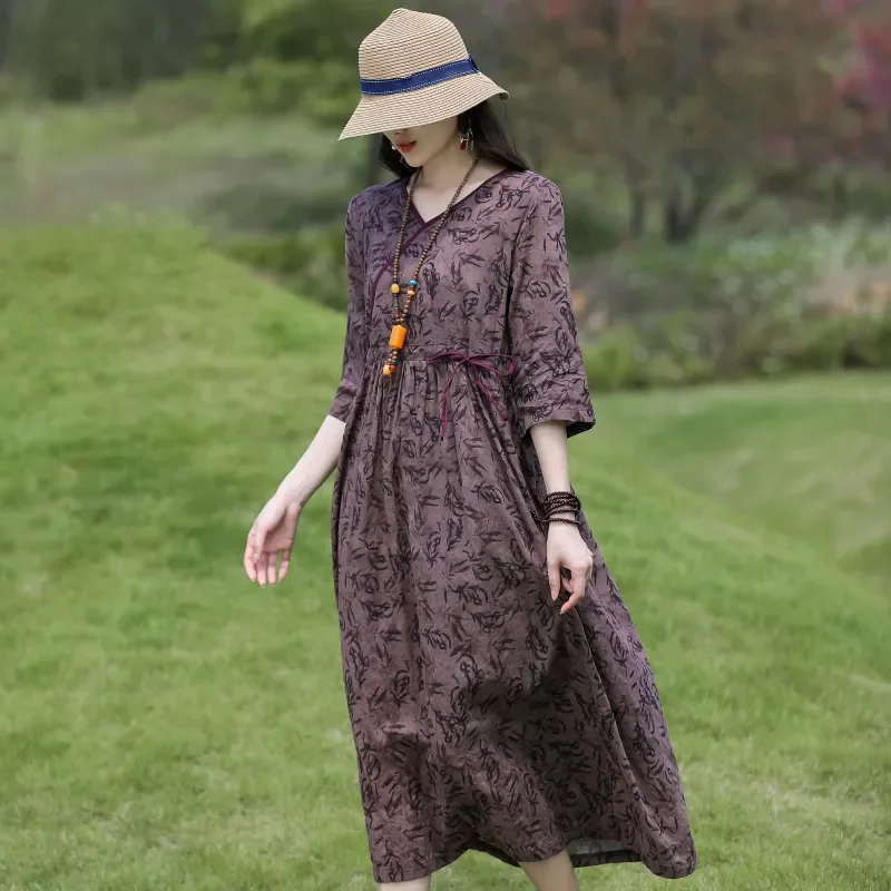 Women's V Neck Floral Print Linen Dress Drawstring Waist Loose Long Dress