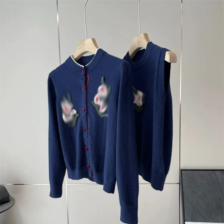 

Тяжелый вязаный кардиган-жилет с объемной вышивкой в виде роз, модная женская осенняя одежда из пряжи