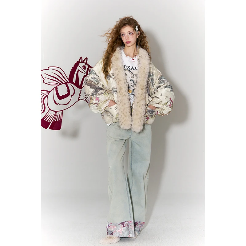 ELFSACK Women Puffer Down Jacket 2026 Winter Pony Print Fur Collar Lantern Sleeve New Oriental Style Casual Outerwear