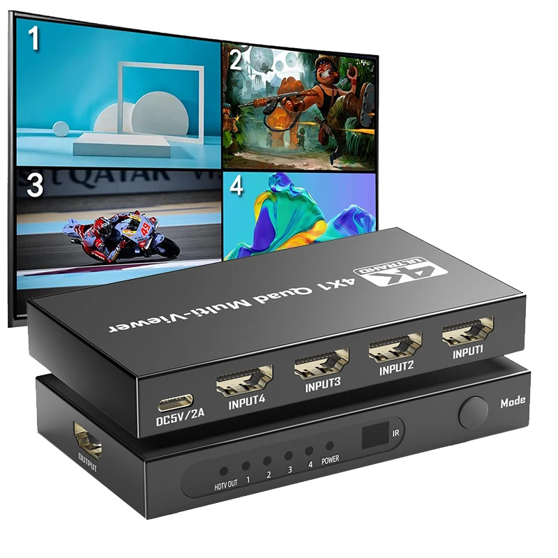 1080P 60Hz HDMI Multiviewer Switch 4x1 HDMI Quad Multi-Viewer Video Split Screen 4 in 1 out with IR Remote with 9 Display Modes