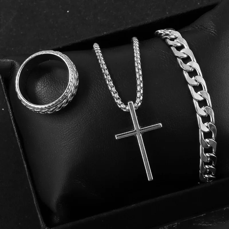 Punk Cross Pendant Necklace Bracelet Chain Ring Men\'s Set Simple Personality Hip Hop Party Three Piece Jewelry Accessories