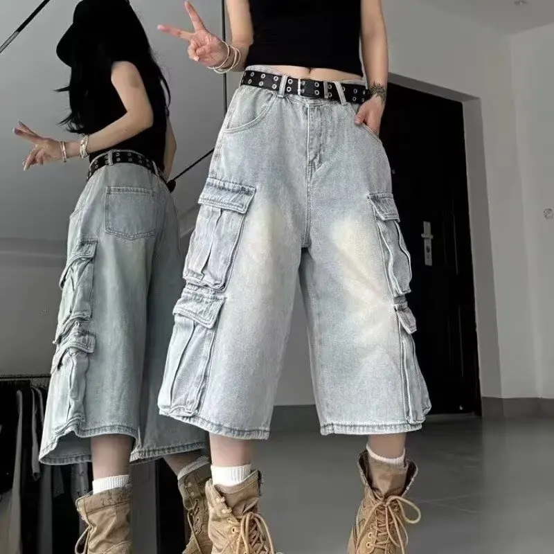 Shorts Jeans Retrô Americano Lavado Estilo Streetwear Verão Multibolsos Efeito Emagrecedor Calça Capri Tendência Marca Mascul...