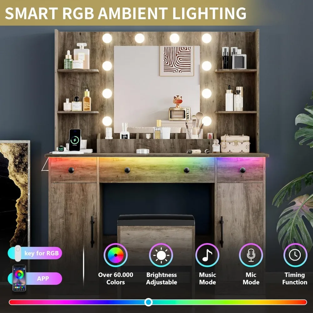 مكتب مكياج مع مرآة، مجموعة طاولة تزيين رمادية مقاس 43 بوصة، 5 أدراج، كرسي، مخرج طاقة، 3 أوضاع إضاءة، مكياج حديث