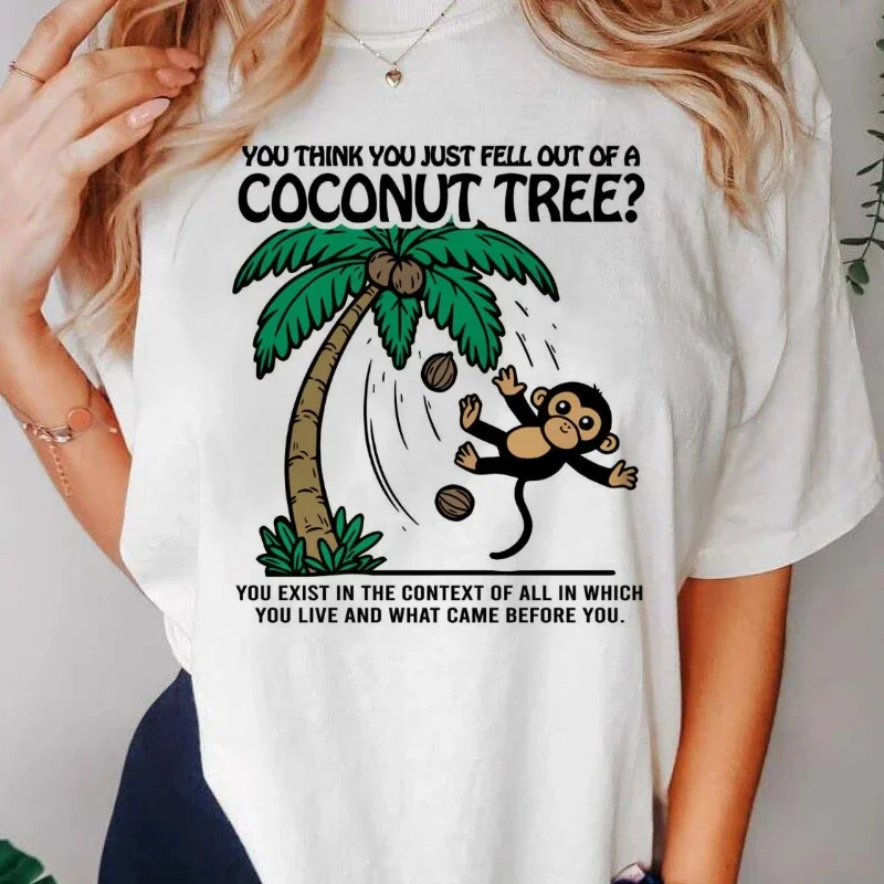 Women's Top Cartoon A Coconut Tree Monkey Pattern Cute Versatile T-Shirt Summer Casual Simple O-Neck Oversized Short Sleeved Shi