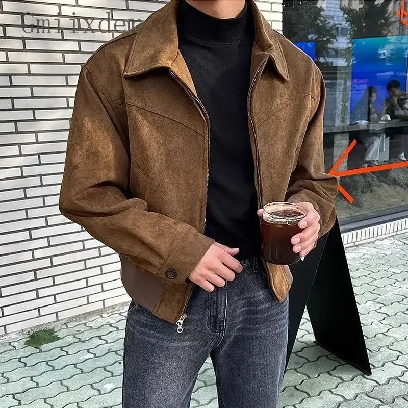 Elegant Solid Brown Coat Men's Spring Autumn High-end Loose Lapel