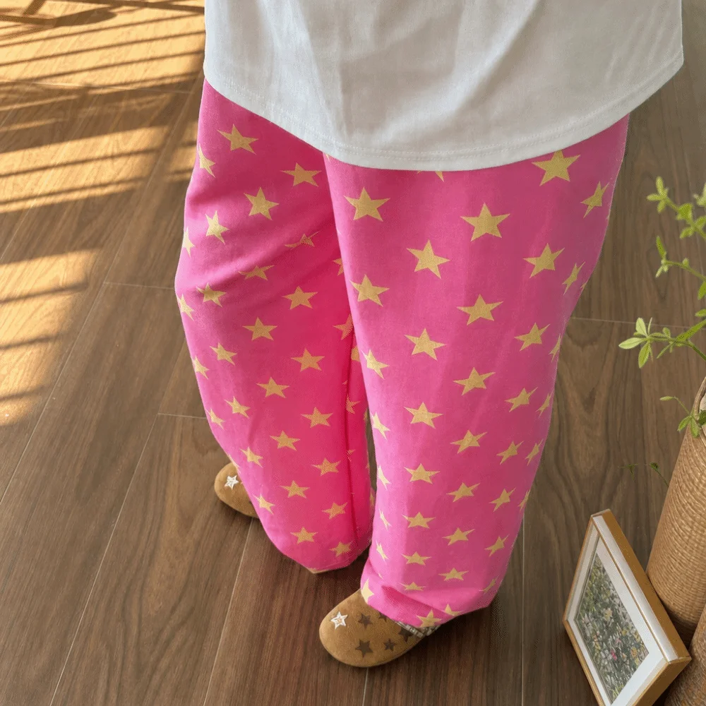 Cartoon Print Women Home Pants Loose Fit Star Print Night Pants Soft Fabric Elastic Waistband Cartoon Print Pants