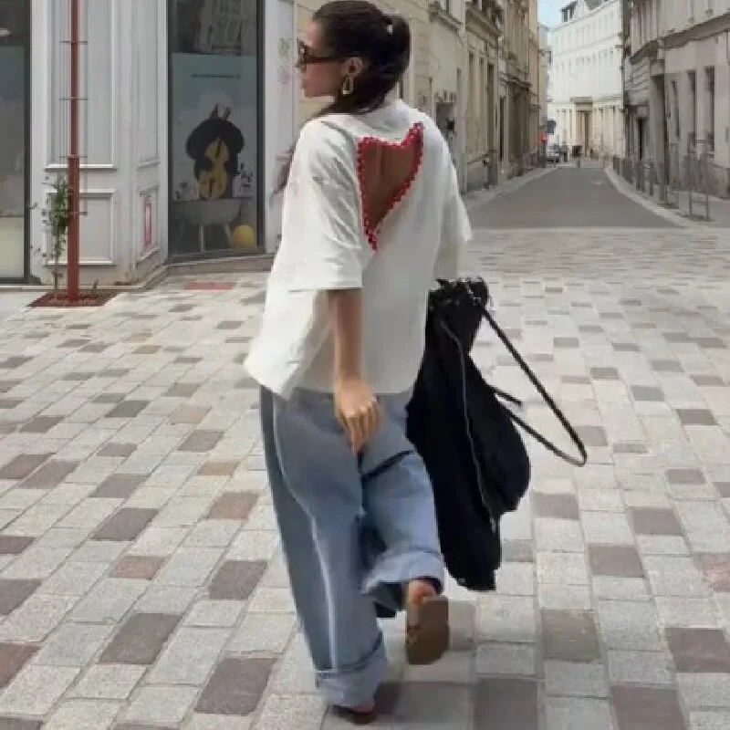 Chic Sweet T-shirt Short Sleeve Back Heart Cutout Loose Casual Top Women Summer Trendy Retro Sexy Y2k Edgy Cute Streetwear view 3