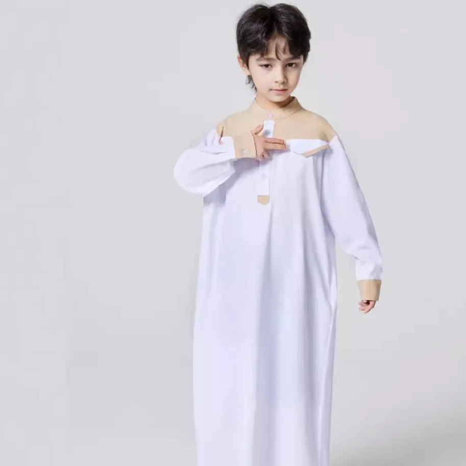 Ramadan Muslim Boys Dress Long Robe Round Collar Gown Saudi Arab Abaya Kaftan Jubba Thobe Islamic Morocco Kids Abayas 2024 Eid