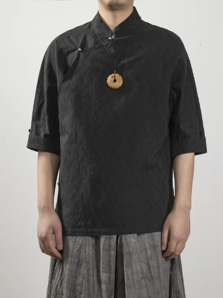 

New Chinese Style Shirt Short Sleeve Men Summer Wind Retro Tang Costume Stand Collar Versatile Improved Hanfu Button Design