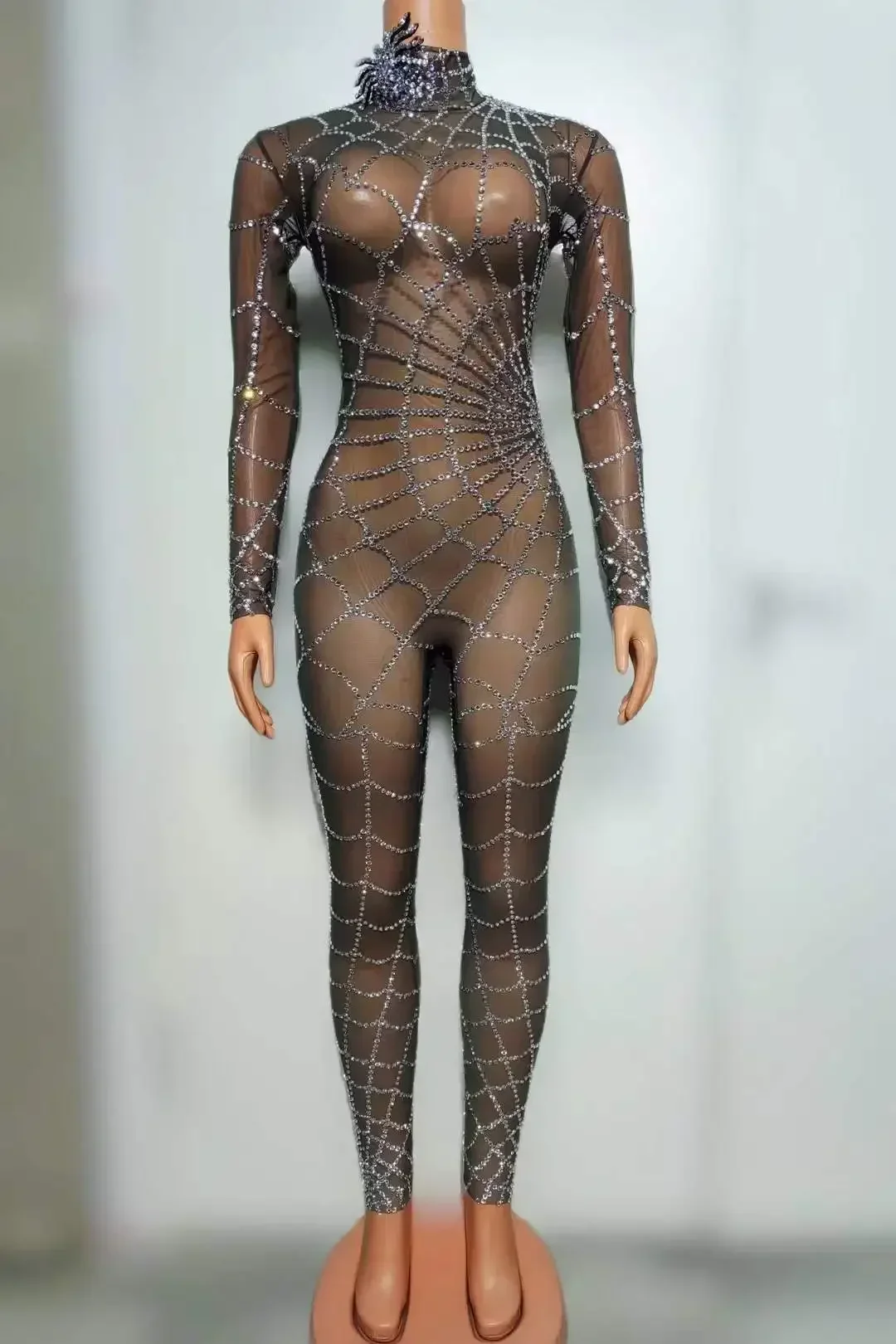 See Through Sheer Mesh Sparkle Jumpsuits For Women Spider Pattern Mardi Gras Carnival Celebrate Photography One Piece Bodysuits