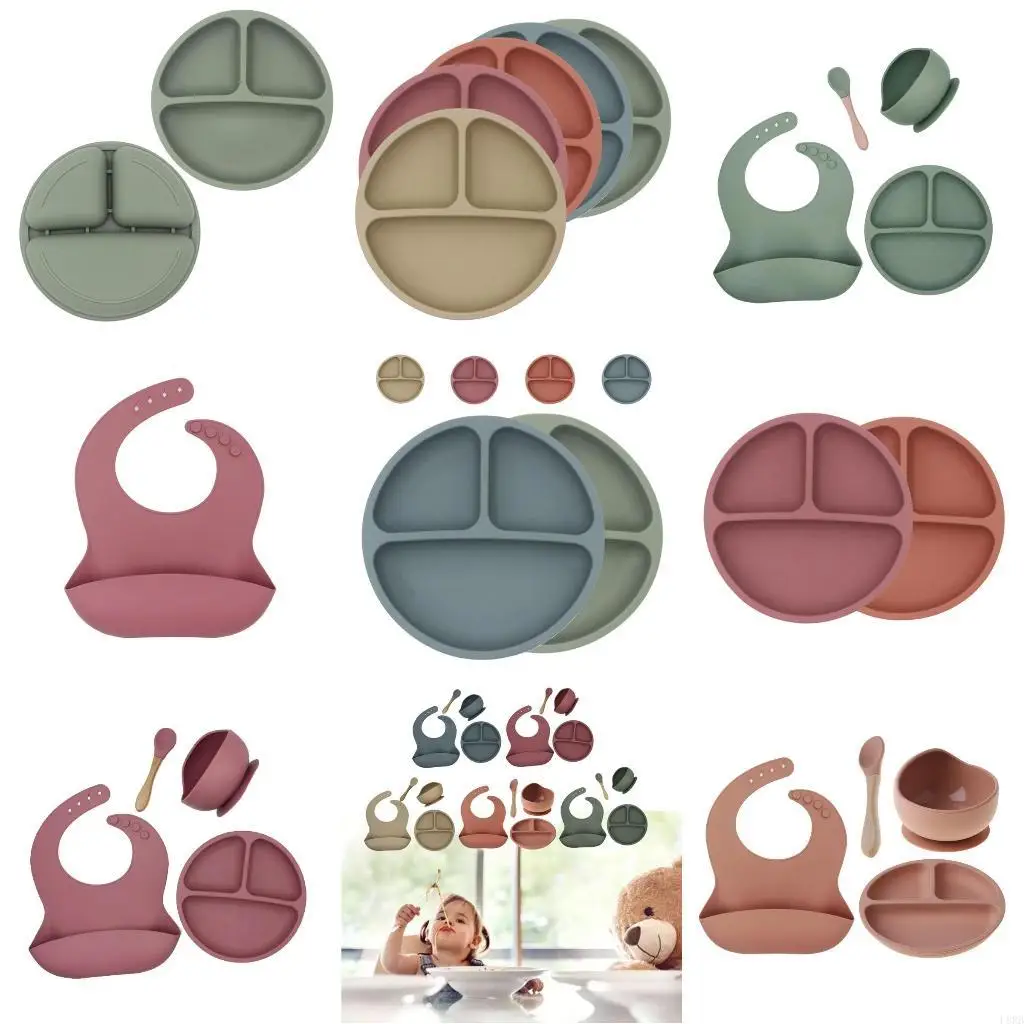 

4pcs/set BPA Baby Silicone Tableware Waterproof Bib Solid Color Dinner Plate Sucker Bowl And Spoon For Children L8RB