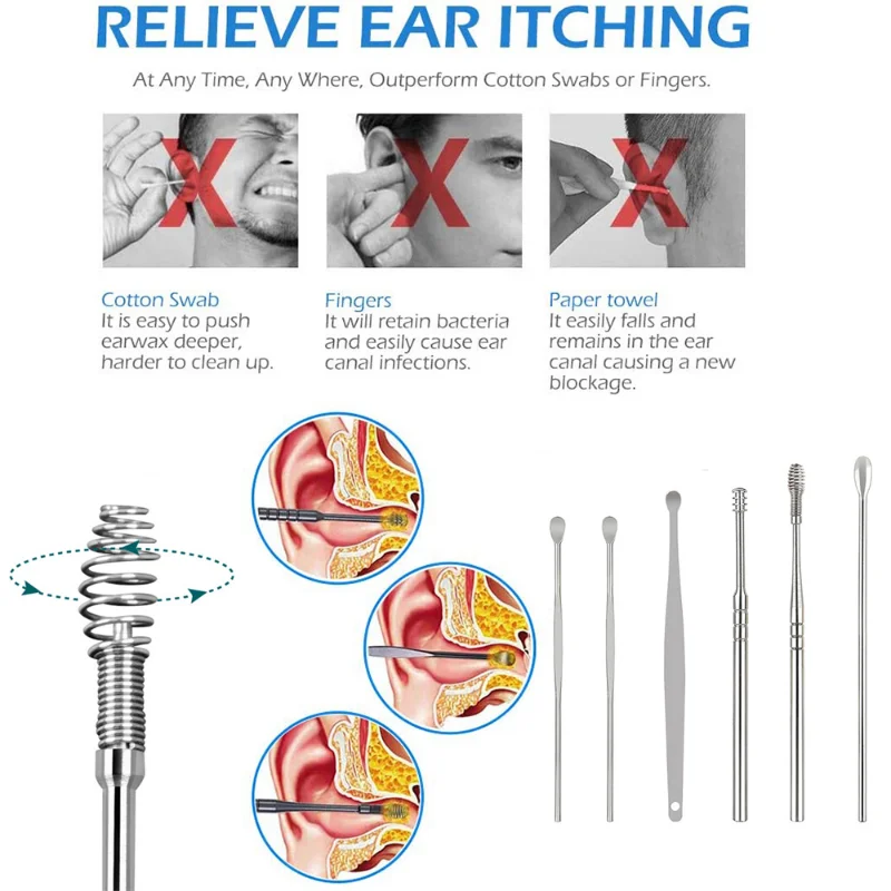 6/8 قطعة الفولاذ المقاوم للصدأ ياربيك الأذن نظافة ملعقة الأذن العناية تنظيف أداة إزالة شمع الأذن عدة الأذن اختيار مزيل Vax الصحة النظيفة